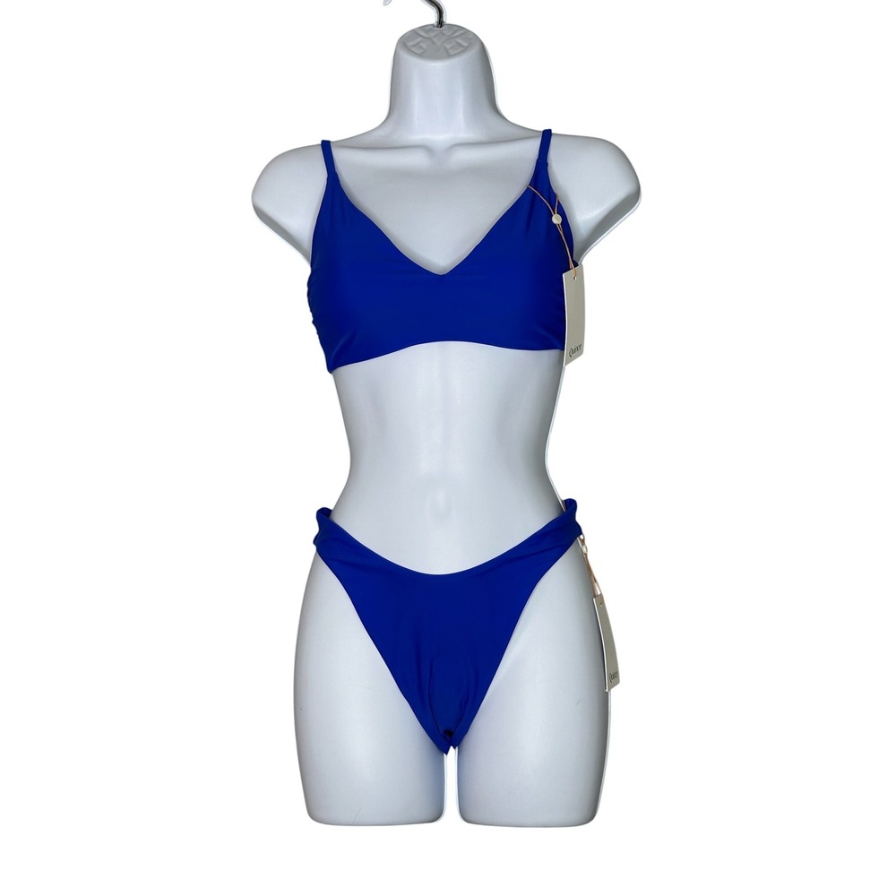 NWT Quince Italian High Leg Bottom and V Neck Top Bikini Small Electric Blue